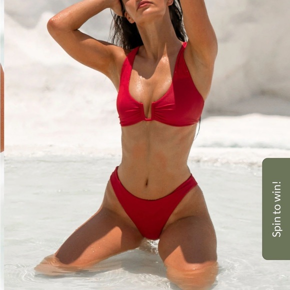 Berlook Red U-Ring Cross Back Top and Solid Low Waisted Bikini Bottom 1130 - Picture 1 of 13
